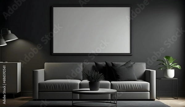 Obraz Blank horizontal poster frame mock up in minimal Dark style living room interior, modern living room interior background. generative ai.