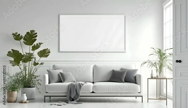 Fototapeta Blank horizontal poster frame mock up in minimal white style living room interior, modern living room interior. generative ai.
