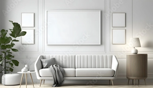 Fototapeta Blank horizontal poster frame mock up in minimal Scandinavian white style living room interior, modern living room interior. generative ai.