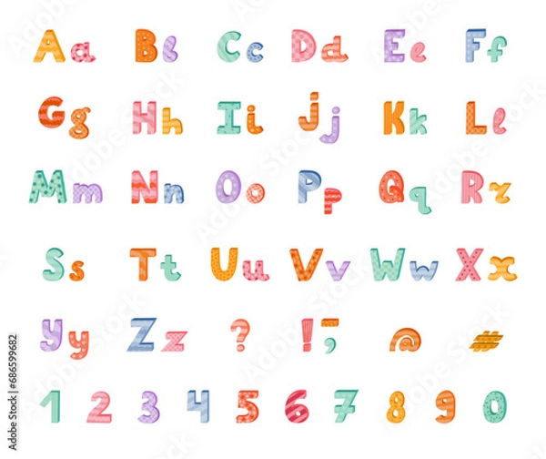 Fototapeta Cute funky 3d alphabet set with memphis decoration. Patterned bold font with shadow. Funny latin ABC with uppercase, lowercase letters, punctuation marks and numbers for poster, logo, headline.