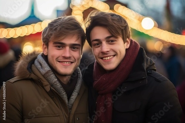 Obraz Two young men at the Christmas market, Christmas atmosphere with lights in the background