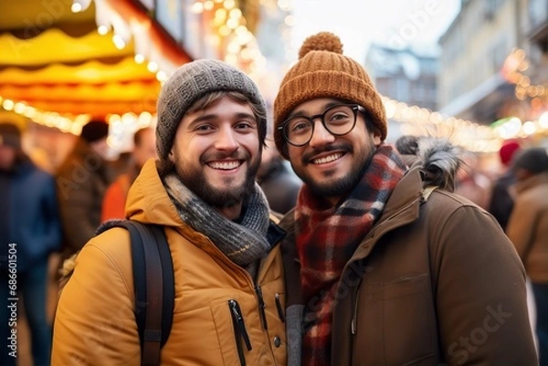 Obraz Two young men at the Christmas market, Christmas atmosphere with lights in the background