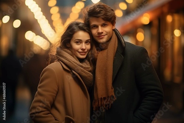 Obraz Two young couples at the Christmas market, Christmas atmosphere with lights in the background
