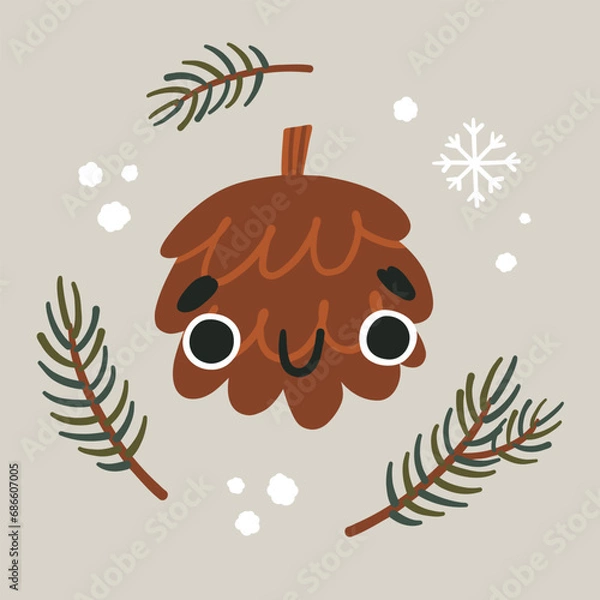 Fototapeta Cute pine cone with eyes surrounded by pine twigs and snowflakes. Cartoon winter сhristmas vector illustration.