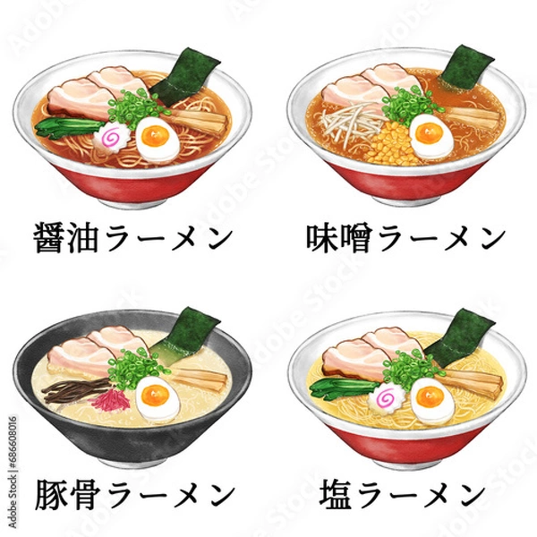 Fototapeta Set of Shoyu Ramen, Miso Ramen, Tonkotsu Ramen, and Shio Ramen painted with digital watercolor