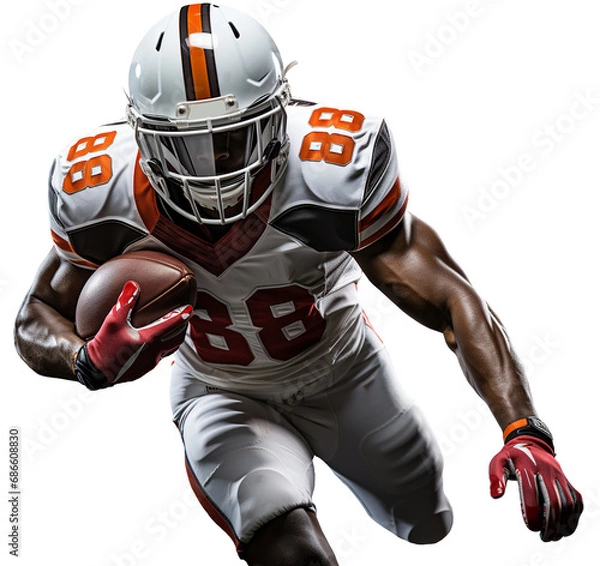 Fototapeta Athletic American football player in a white and orange uniform runs with a ball in his hand