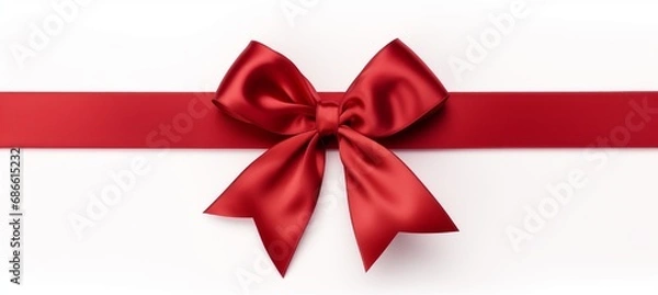 Fototapeta Red ribbon bow on white background for birthday or christmas banners with customizable text space.