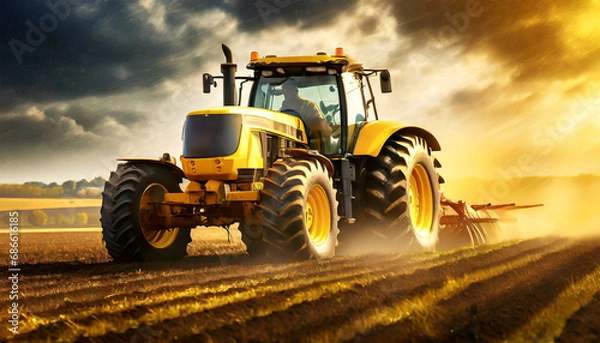 Fototapeta Close-up of an orange tractor with harrow is plowing a field for sowing seeds into purified soil at sunset or sunrise.
