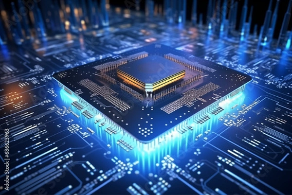 Fototapeta nanochip of the future. processor chip close-up. development of information technologies. electronic circuit board with processor