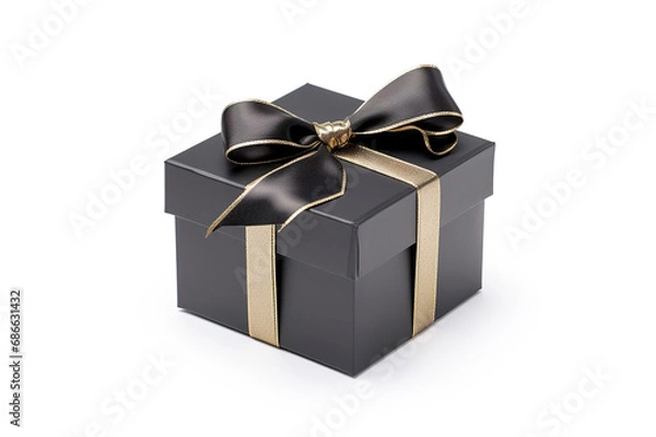 Obraz Black gift box with ribbon isolated on white background