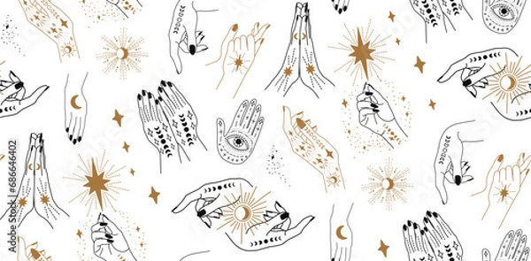 Fototapeta Seamless pattern with hands. A woman casts a spell. Magic hands. 
Palm tattoos. On a dark background. Gold on black background