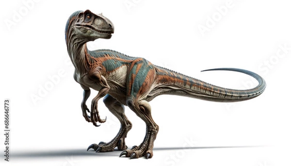 Fototapeta Illustration Isolated of velociraptor or deinonychus. Wild prehistoric velociraptor figure anatomycal in white background. Generative AI