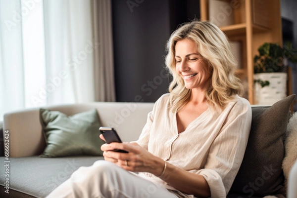 Fototapeta Happy casual beautiful woman holding mobile phone sitting on a sofa at home. Smiling woman checking social media using a  smartphone. 