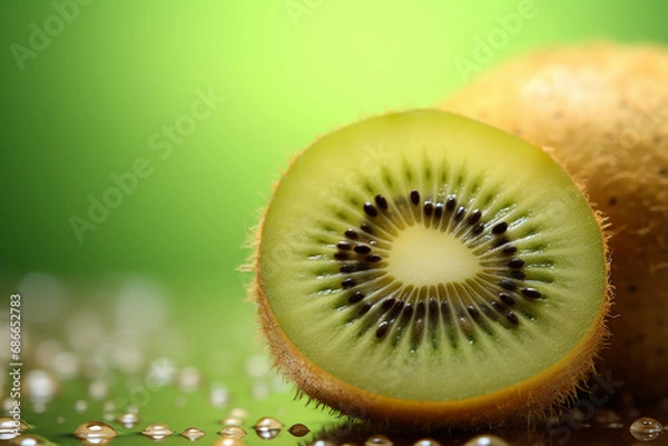 Fototapeta Close-up of a sliced kiwi with seeds visible, on a green background with water droplets.