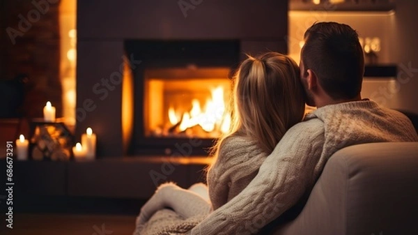 Fototapeta A loving couple sitting peacefully in front of the fireplace, Generative AI