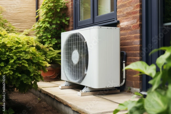 Fototapeta Air source heat pump installed at a contemporary residential property. Sustainable and clean energy at home. Generative AI