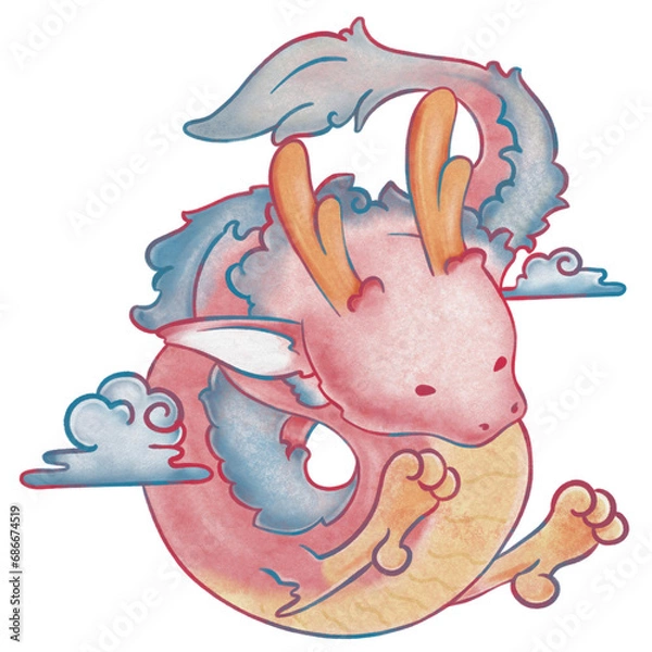 Fototapeta Red Chinese Dragon With Chinese Gold On The Air, Luna New Year 2024 Element Art