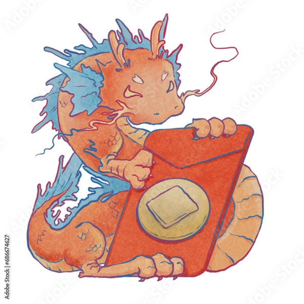 Fototapeta Red Chinese Dragon With Red Envelope, Luna New Year 2024 Element Art