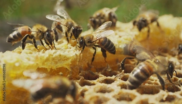 Fototapeta Many bees dig around on honeycombs in which there is honey