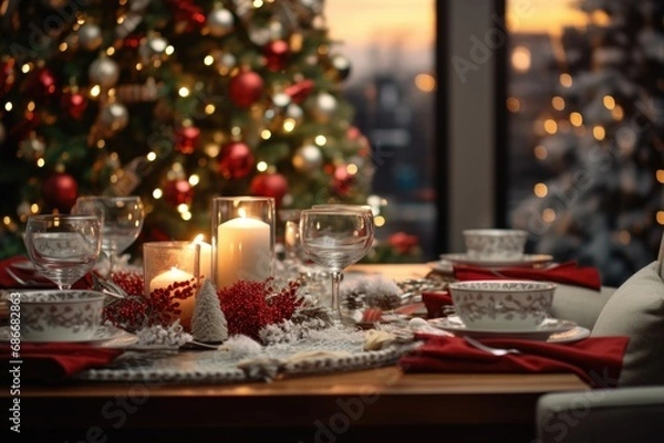 Fototapeta A festive Christmas table setting with beautiful candles and a decorated Christmas tree in the background. Perfect for holiday gatherings and celebrations