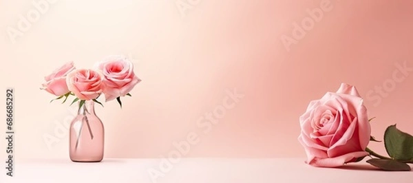 Fototapeta Pink rose in a pink vase on a pink background. Minimalistic modern still life with rose