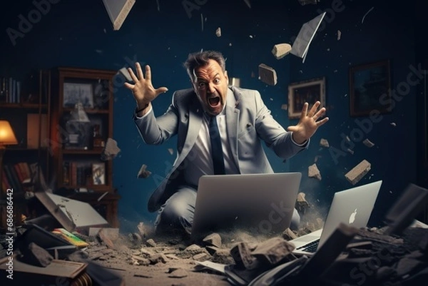 Fototapeta A angry businessman Throw a broken computer on the floor