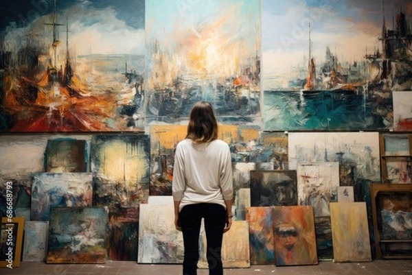 Fototapeta Woman artist standing in front of a wall with many pictures