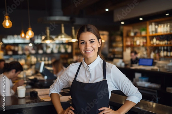Fototapeta Smiling young saleswoman portrait, attractive cashier serving customers with a friendly demeanor. Generative ai