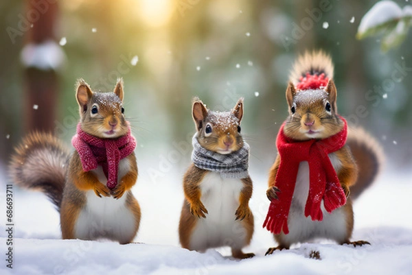 Fototapeta Cute squirrels in the snow in a winter morning