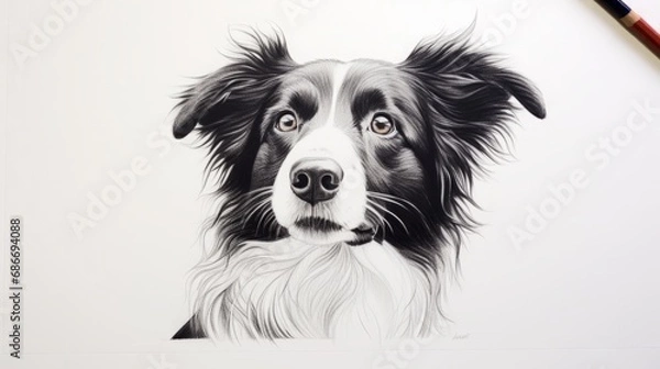 Fototapeta minimalist one-line pen drawing on white paper of a border collie, copy space, 16:9