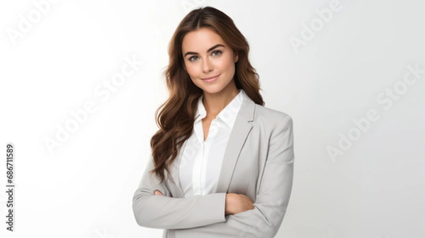 Obraz Perfect business lady. Beautiful young businesswoman looking at camera with smile while standing against white background