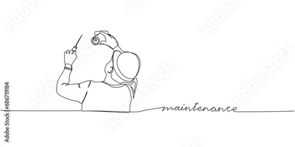 Obraz Electrician, maintenance in work uniform one line art. Continuous line drawing of repair, professional, hand, people, concept, support with inscription, lettering, handwritten.