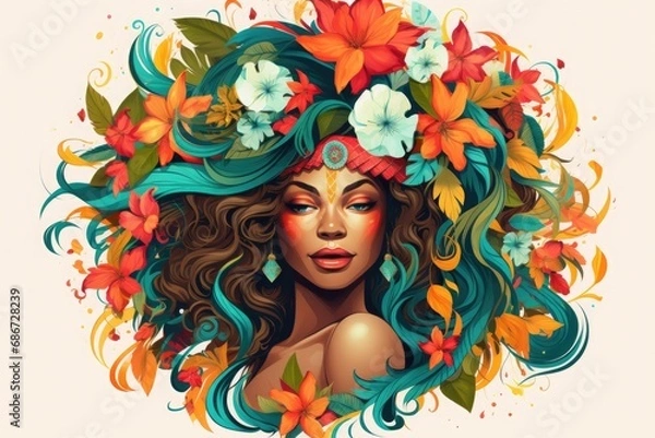 Fototapeta Woman’s head with a colorful floral headdress