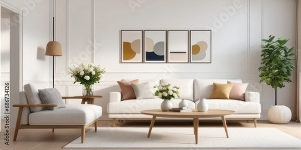 Obraz Interior design photo frame mock-up living room minimalist cozy Scandinavian style. sofa, tropical plant, pillows, blanket and lamp