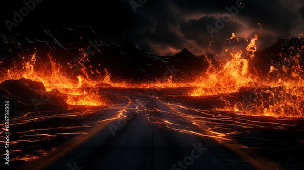 Fototapeta Intense 3D Render of Blazing Flames and a Fiery Road Over a Black Background - Powerful Abstract Concept Illustrating Heat and Dynamic Energy in Motion.