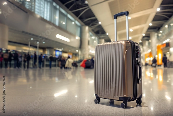 Fototapeta Travel luggage suitcase in airport terminal with blur background of airport hall waiting area with motion movement crowed of passenger, vacation concept.