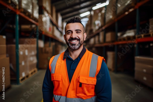 Fototapeta Effiziente Lagerarbeit - Lagerarbeiter beim geordneten Versandprozess in einem modernen Industrielagerhaus