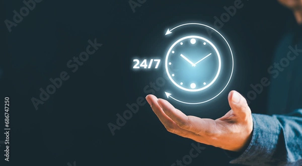 Obraz Businessman show worldwide nonstop support, help full-time available contact of business service concept. Customer service always assistance. 24-7 hour clock on hand nonstop client service concept