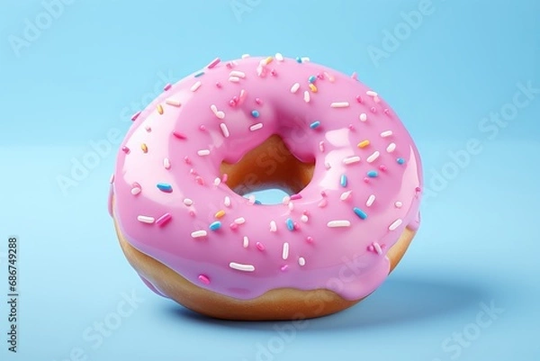 Fototapeta A charming pink donut with glaze sits on a blue surface, embellished with sprinkles and coated in a delightful pink cream.