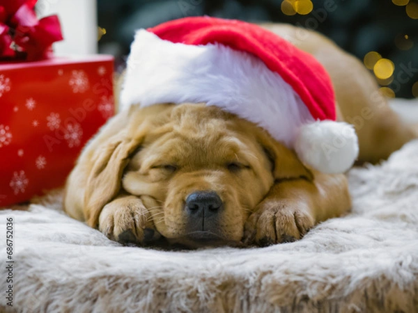 Obraz Golden labrador dog sleeping in the house dressed as Santa Claus