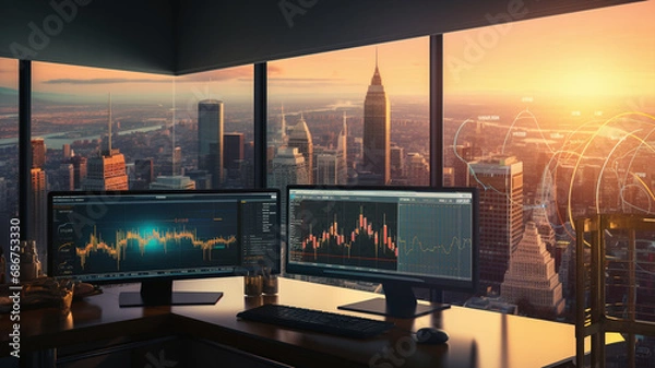 Fototapeta multiple screen graphic markets finance, stock and business on city view background, office station ina tower city, night blue palette lights