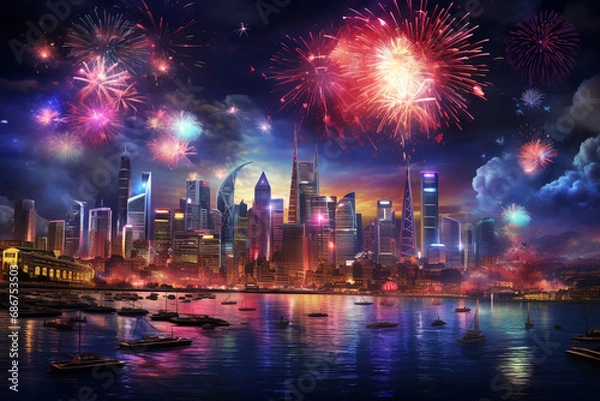 Fototapeta  fireworks and pyrotechnics for end-of-year /new year, celebrations in the city streets background, , skyline aerial view buildings, neon blue vaporwave colors mood