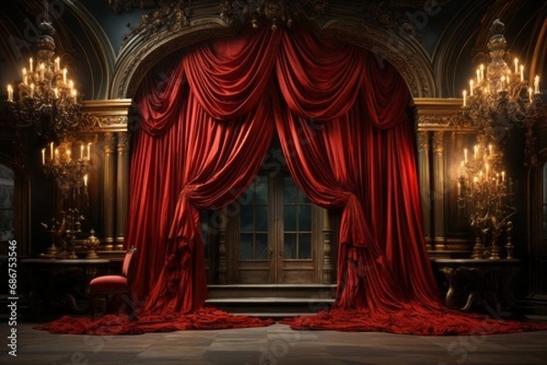 Fototapeta Indulge in the opulence of a room adorned with red velvet curtains, golden touches, and the enchanting glow of candles, creating an atmosphere of refined luxury.