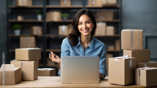 Obraz Smiling woman in a warehouse or storage room filled with boxes, working on a laptop