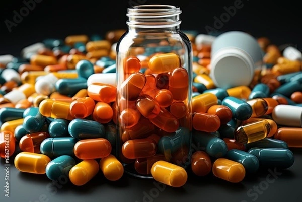 Fototapeta several pills falling from a pill bottle, dark aquamarine and white style
