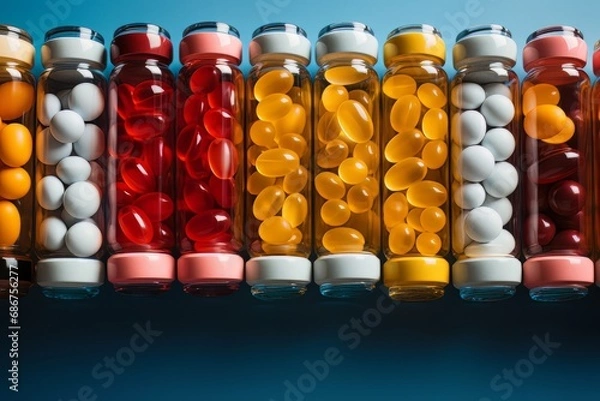 Fototapeta various capsules with medicines on a blue background in containers