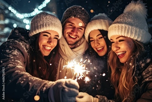 Obraz Group of friends celebrating new year's eve, New Year with sparklers