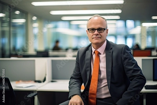 Obraz executive and portrait of a businessman in an office, mature ceo workint with pride and confidence, in workplace background