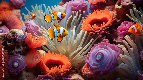 Fototapeta Colorful Sea Anemones Hosting Clownfish in Vibrant Coral Background