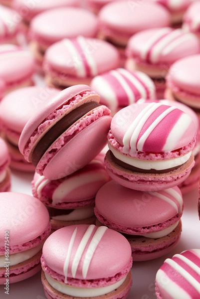 Fototapeta pink and white striped macaroons on a white surface, in the style of dark red and light crimson, monochromatic created with Generative Ai